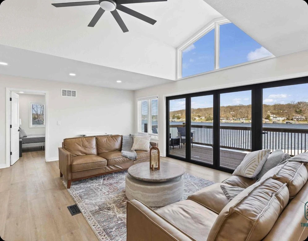 Living room at the Hemlock Road operator project, overlooking Lake of the Ozarks